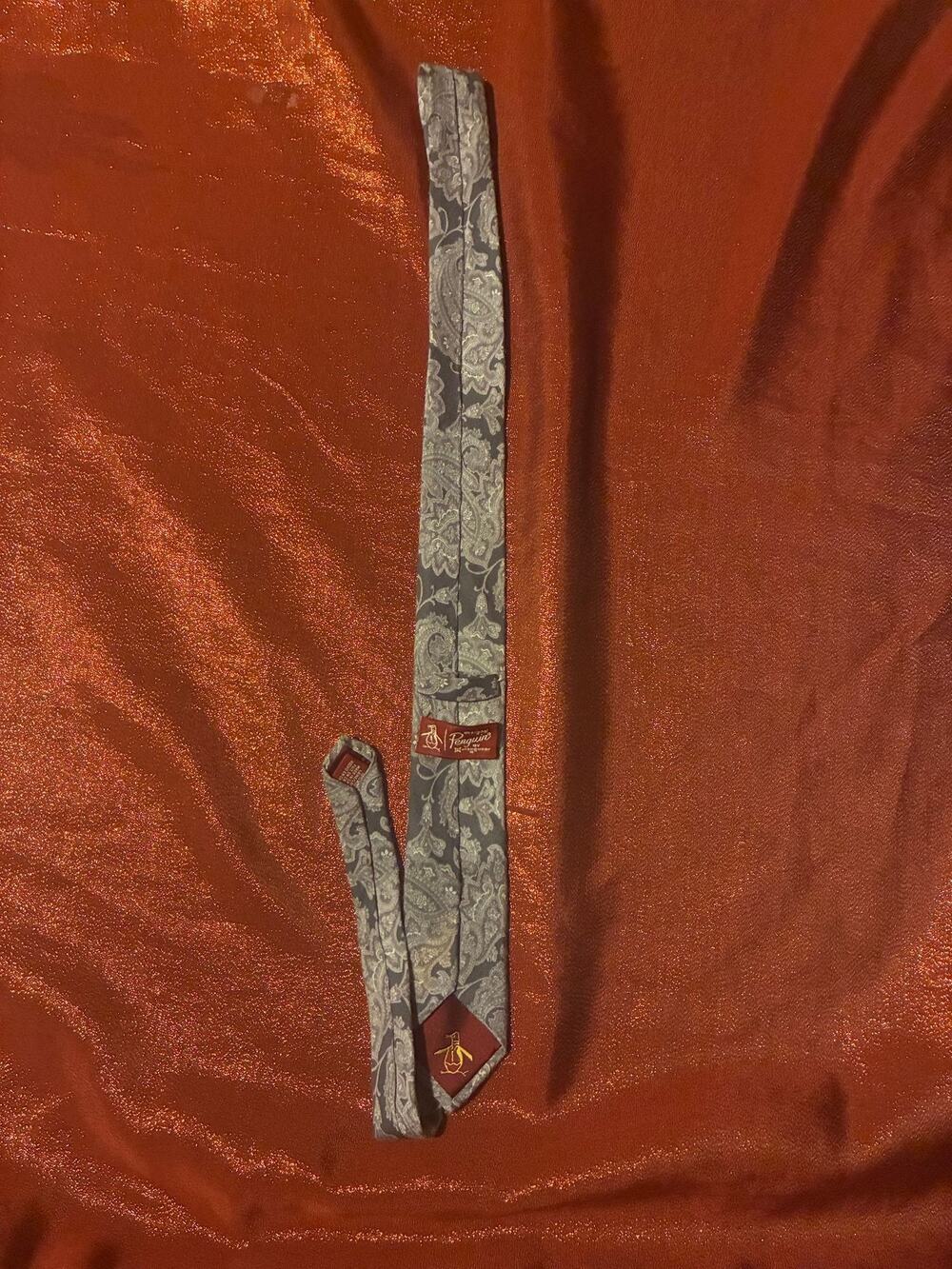 Original Penguin Tie Mens Gray Paisley Silk Blend Necktie Penguin Logo Classic